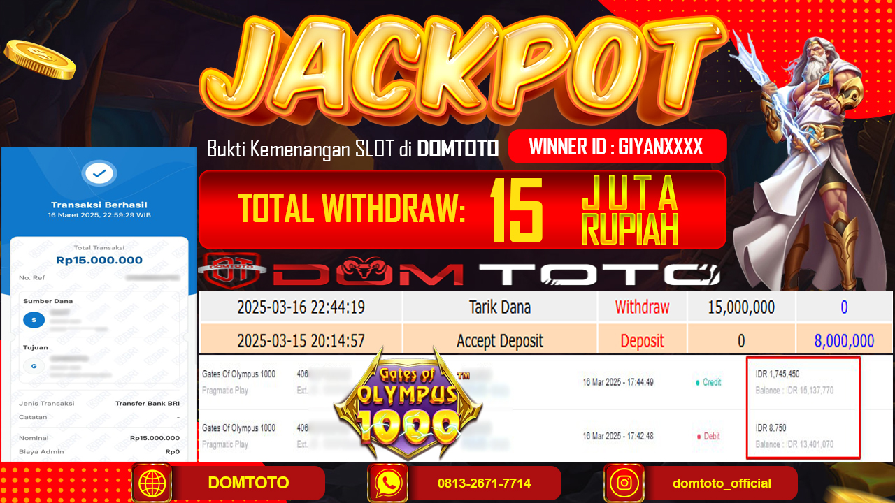 JACKPOT SLOT GATES OF OLYMPUS 1000  16 MARET 2025